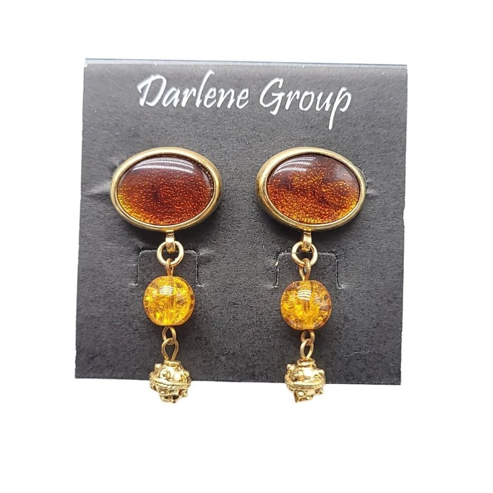 Darlene Group Brown Faux Amber Acrylic Dangle Bead Gold Tone Earrings (B)